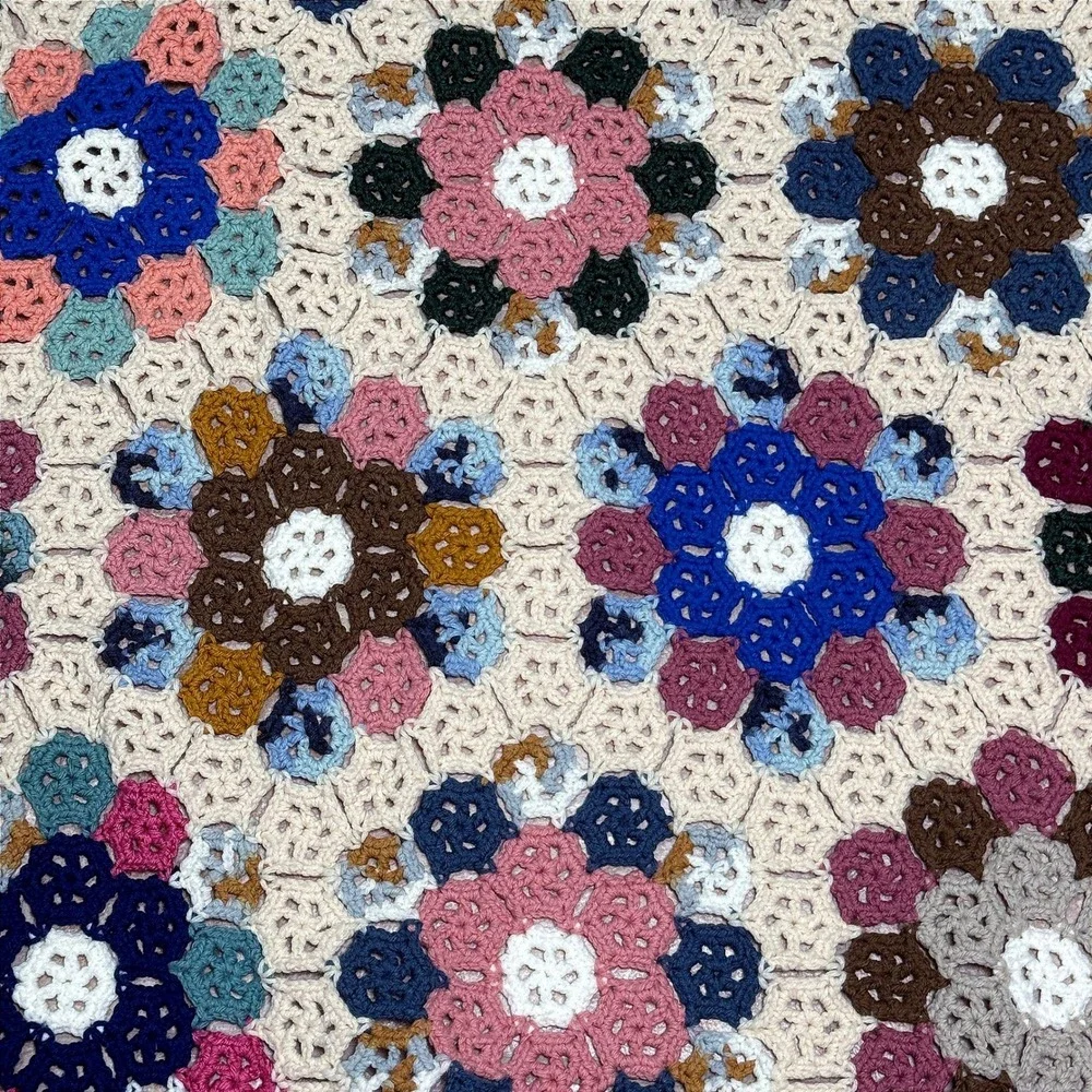 Vintage Handmade Crochet Granny Square Blanket Throw Floral Multicolor 75